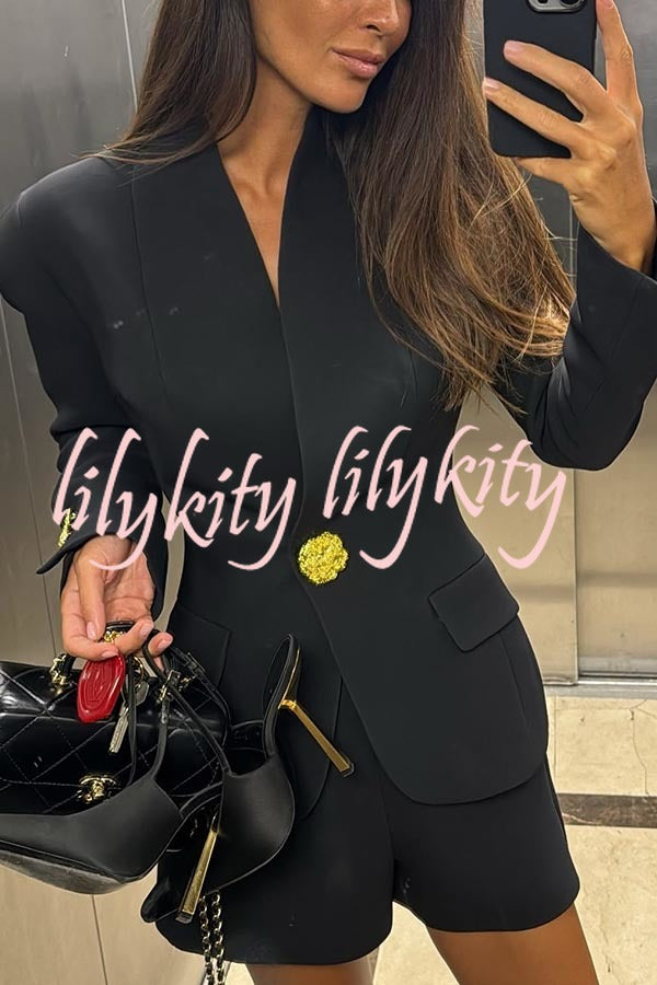 Classic Luxury Unique Metal Button Stand Collar Long Sleeve Blazer