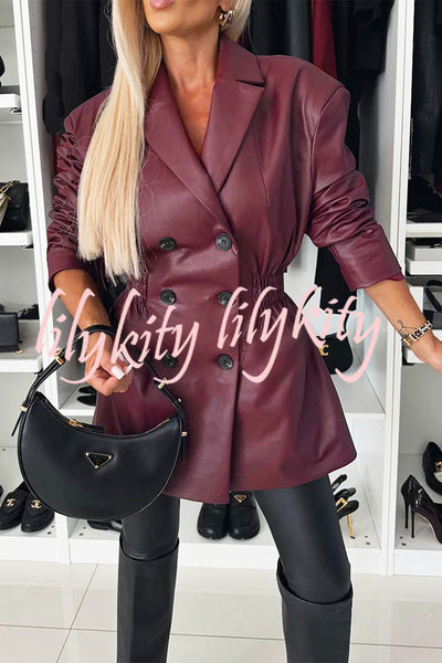 Fashionable Items Faux Leather Button Up Elastic Waistband Lapel Blazer