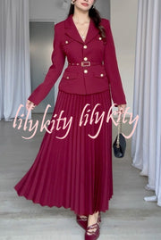 Solid Color Lapel Button Belt Blazer and Pleated Casual Maxi Skirt Set