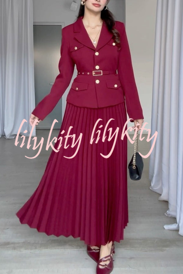Solid Color Lapel Button Belt Blazer and Pleated Casual Maxi Skirt Set