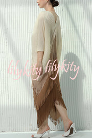 Fashionable Color-blocked Multi-layered Tassel Loose Midi Dress