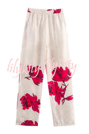 Special Attendance Satin Floral Print High Rise Elastic Waist Pocket Pants