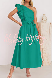 Solid One Shoulder Ruffled Sleeves Tie Waist Maxi Dress