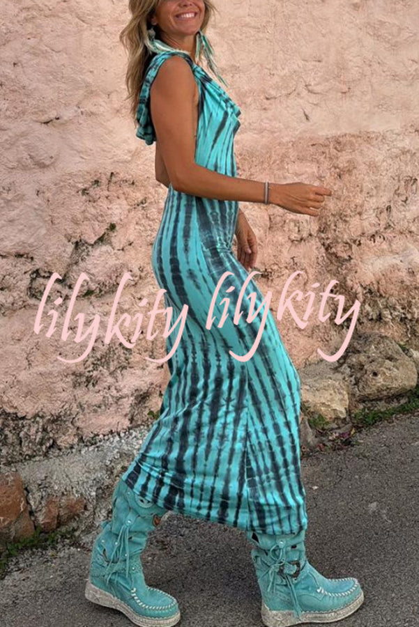 Pietra Tie Dye Print Scoop Neck Backless Hooded Stretch Maxi Dress