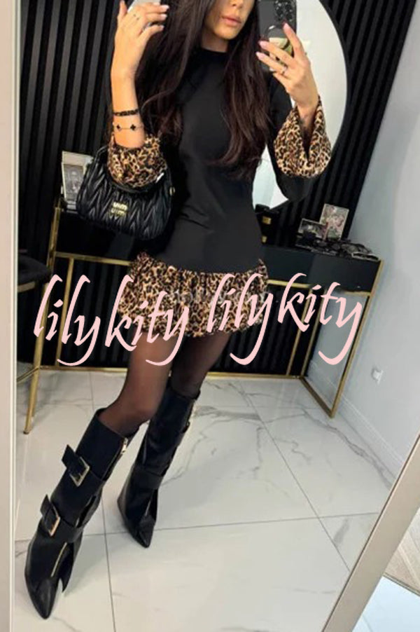 Fashionable Splicing Leopard Print Bell Sleeve Stretch Mini Dress