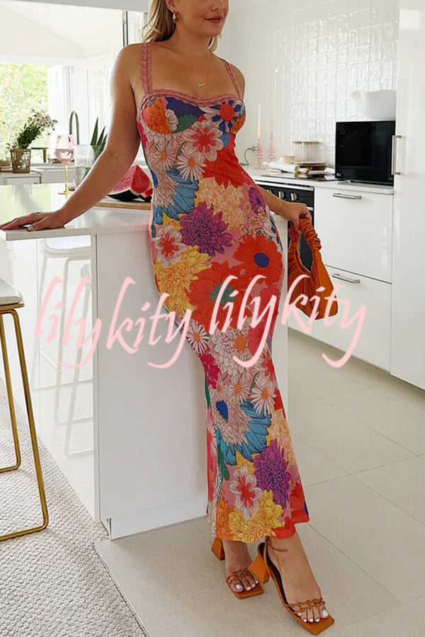 Floral Print Lace Trim Sexy Strapless Backless Slim Fit Maxi Dress