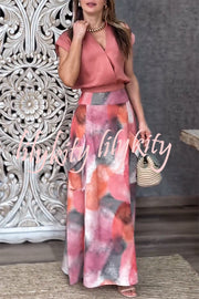 Laylin Wide Sleeve Shirt and Watercolor Print High Waist Drape Pocket Maxi Skirt Set