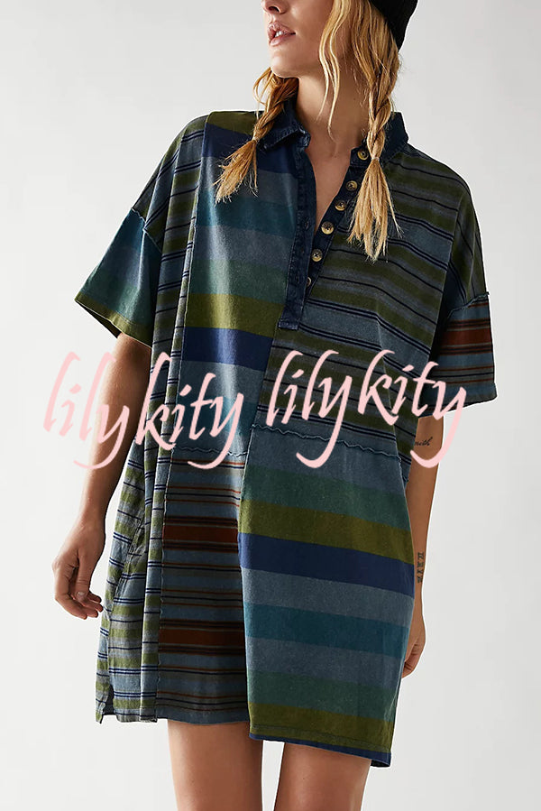 Contrast Striped Patchwork Denim Lapel Loose Casual Mini Dress