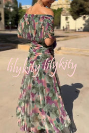 Unique Printed V-Neck Waisted Mesh Holiday Maxi Dress