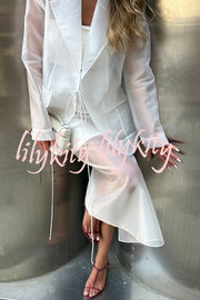 Simple and Light See-through Fabric Tie-up Long Sleeve Pocket Lapel Blazer