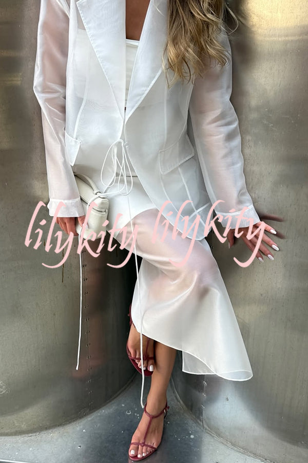Simple and Light See-through Fabric Tie-up Long Sleeve Pocket Lapel Blazer