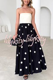 Fashion Polka Dot Print Tube Top Spliced Maxi Dress