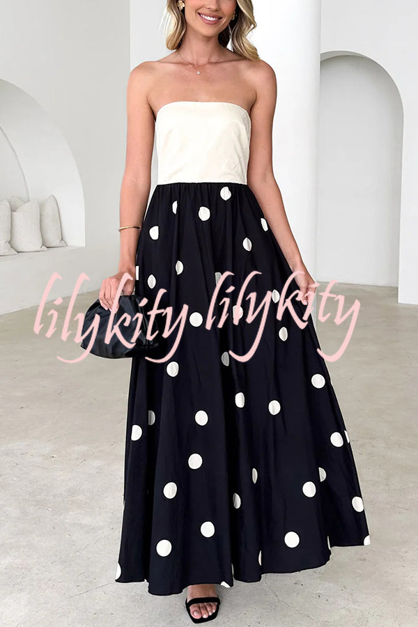Fashion Polka Dot Print Tube Top Spliced Maxi Dress