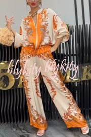 Unique Printed Casual Long-sleeved Loose Top and Elastic Waist Pocket Wide-leg Pants Set