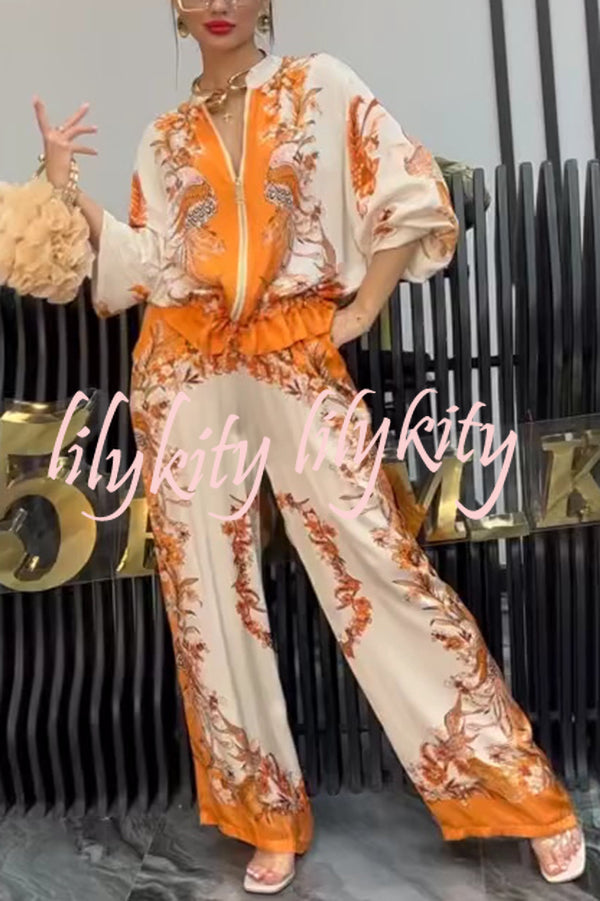 Unique Printed Casual Long-sleeved Loose Top and Elastic Waist Pocket Wide-leg Pants Set