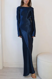 Satin Elegant Long-sleeved Open-back Slim-fit Slit Maxi Dress