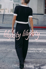 Fashion Contrast Color Stretch High Waist Casual Straight Pants