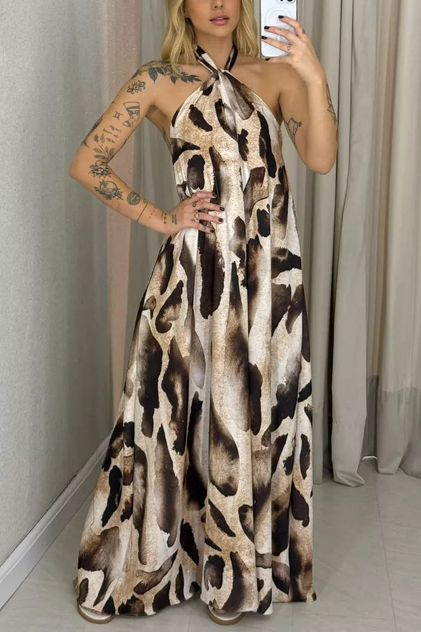Leopard Print Sexy Halter Neck Backless Loose Maxi Dress