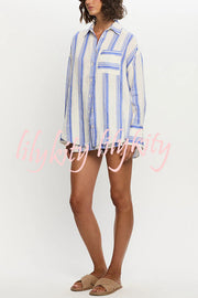 Stripe Print Lapel Long-sleeved Casual Shirt and Elastic Waist Loose Shorts Set