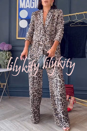 Wild Lifestyle Leopard Print Lapel Blazer and Elastic Waist Pocketed Wide Leg Pants Set