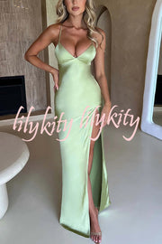 Satin Solid Color Sexy Backless Lace Up High Slit Maxi Dress