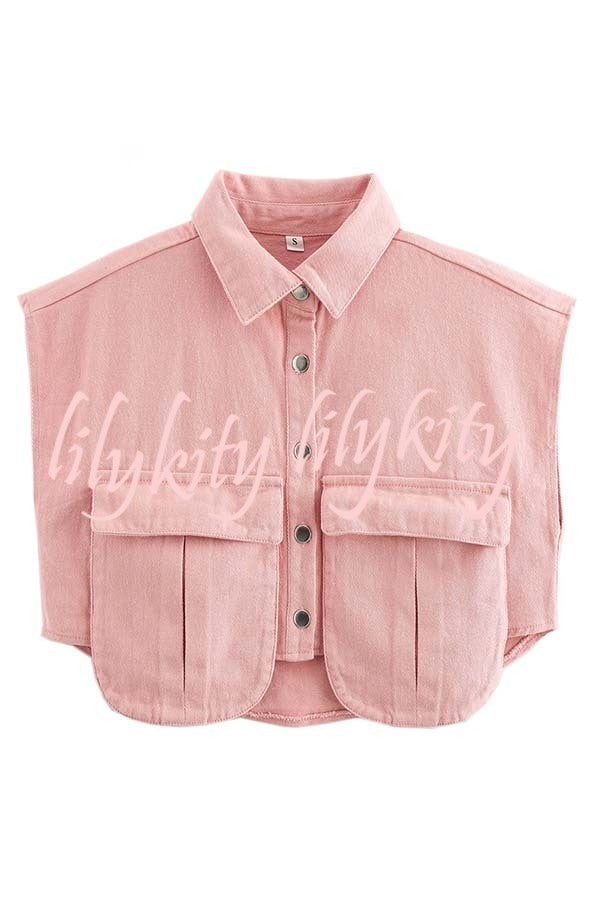 Stylish Weekend Denim Button Up Cape Sleeve Pocket Crop Top