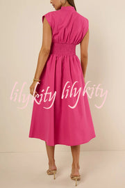 Workdays or Weekends Front Zipper Smocked Waist Pocket Loose Midi Dress