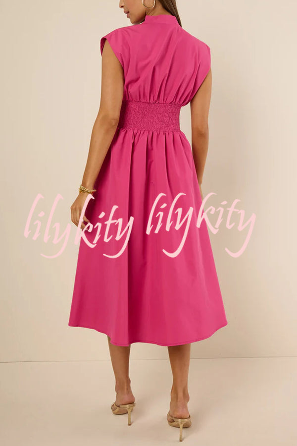 Workdays or Weekends Front Zipper Smocked Waist Pocket Loose Midi Dress