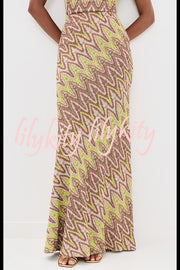 Moonlit Waltz Knit Jacquard Zigzag Print High Rise Stretch Flare Maxi Skirt