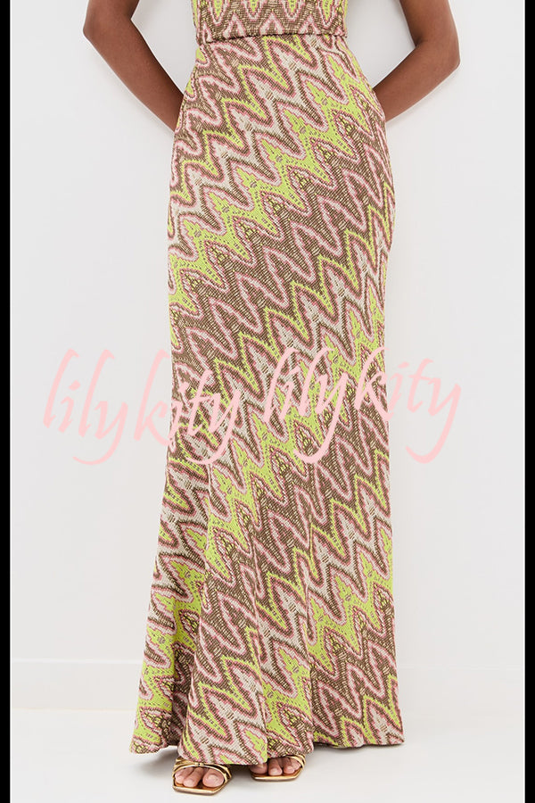 Moonlit Waltz Knit Jacquard Zigzag Print High Rise Stretch Flare Maxi Skirt