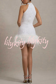 Dazzling and Playful Sequin High Neck Feather Trim Stretch Mini Dress