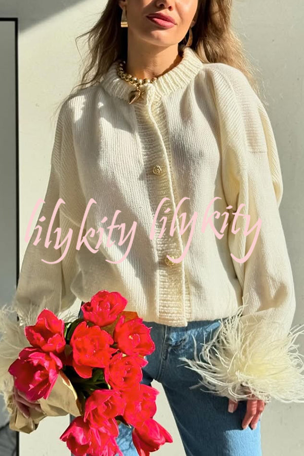 Solid Color Elegant Feather Long Sleeve Casual Knitted Cardigan