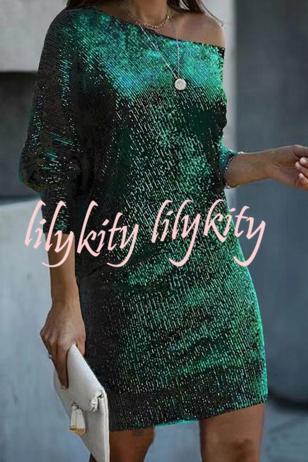 Solid Sequined Off-shoulder Loose Mini Dress