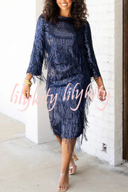 Insight Blueberry Sequin Fringe High Rise Elastic Waistband Midi Skirt