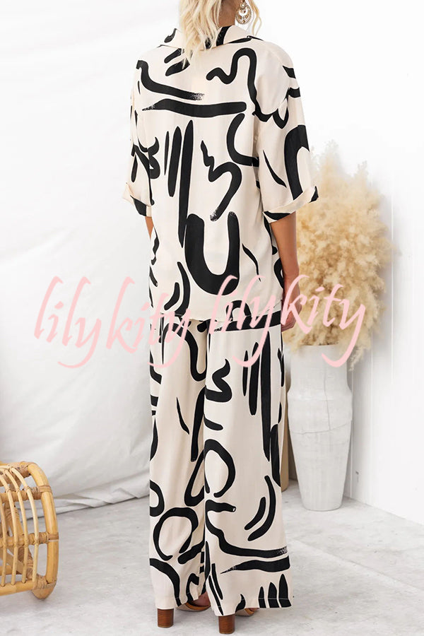 Irregular Printed Button Pocket Long Sleeved Shirt and Elastic Waist Pants Set