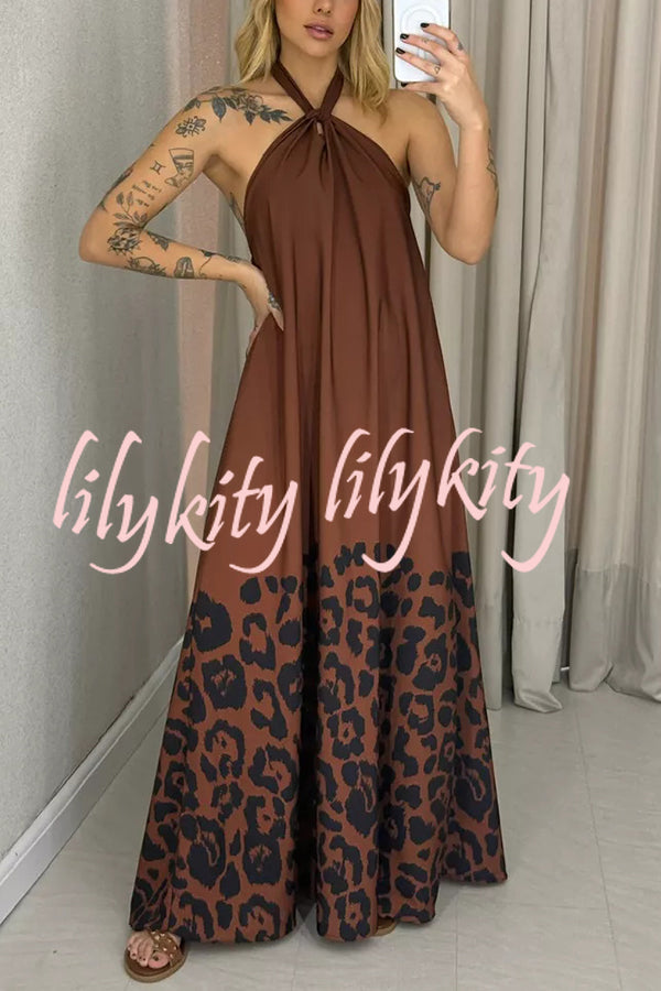 Leopard Print Sexy Halter Neck Backless Loose Maxi Dress