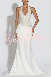 Exclusive Declaration Sequin Halter Neck Back Lace-up Ruched Hem Maxi Dress