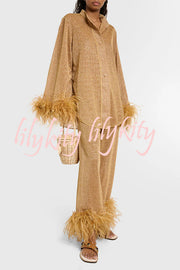 Glitter Fabric Feather Trim Long Sleeve Button Top and Elastic Waist Loose Straight Pants Set