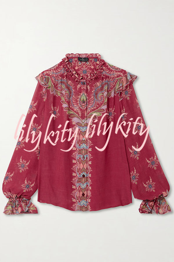 Unique Printed Chiffon Long-sleeved Loose Shirt and Elegant Ruffled Maxi Skirt Set