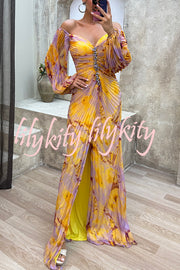 Sunset Serenade Printed Off Shoulder Diamond Embellished Pleated Slit Maxi Dress