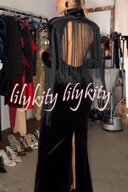 Eve Velvet Open Back Tassel Trim Long Sleeve Slit Maxi Dress