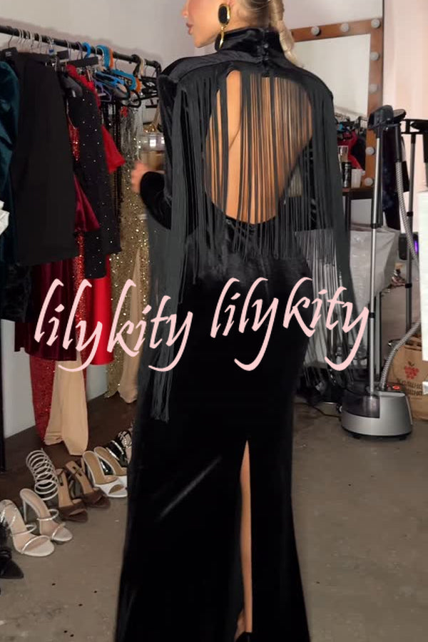 Eve Velvet Open Back Tassel Trim Long Sleeve Slit Maxi Dress