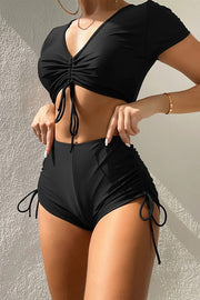 Solid V-Neck Drawstring High-Waist Stretch Two-Piece Bikini Swimsuit