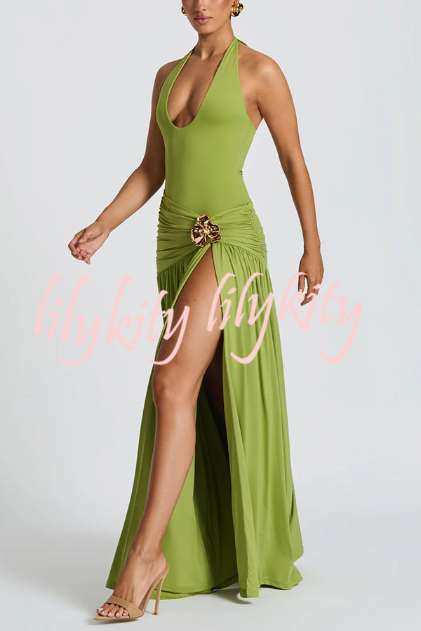Solid Color Halter Neck Backless Slim Fit Pleated Slit Maxi Dress