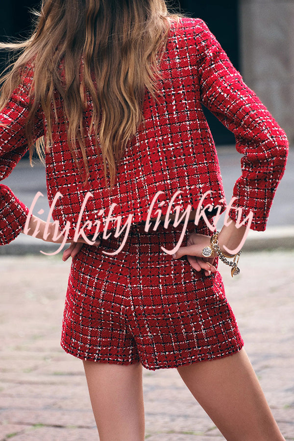 Tweed Plaid Textured Long-sleeved Casual Pocket Jacket