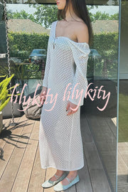 V Neck Button Down Knitted Cutout Long Sleeved Cover Up