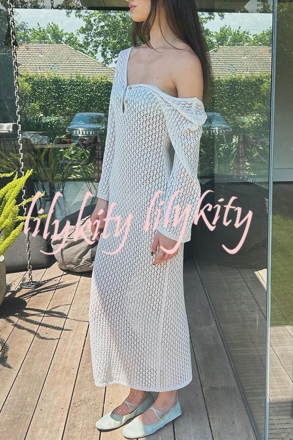 V Neck Button Down Knitted Cutout Long Sleeved Cover Up