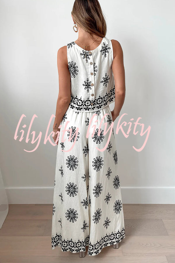 Unique Printed Round Neck Sleeveless Button Top and Elastic Waist Pocket Wide Leg Pants Set