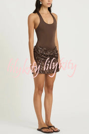 Shine Your Event Ruched Sequin Draped Hem Tank Stretch Mini Dress