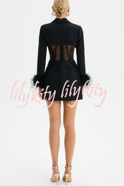 GIA Lace Corset Waist Feather Sleeve Structured Lapel Blazer Mini Dress
